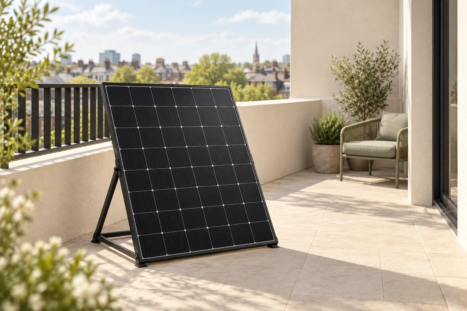 Illustration of a single solar panel positioned inside a spacious balcony