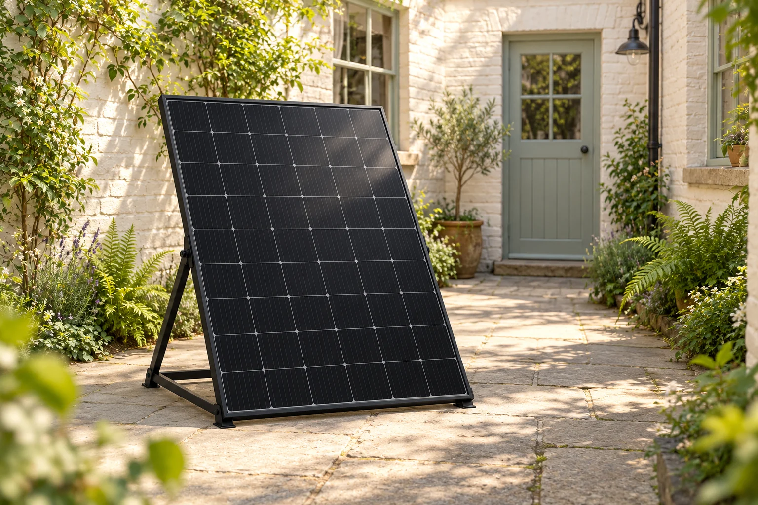 Illustration of a single solar panel in a small courtyard garden