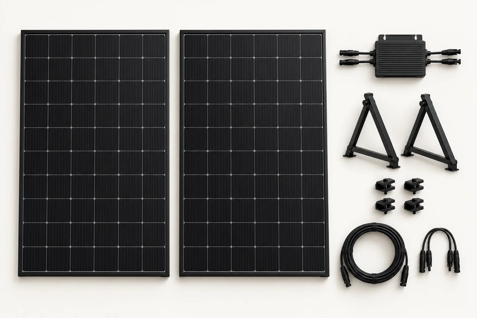Illustrative proposed Duo kit contents: two panels, a microinverter, mounting hardware and connecting leads