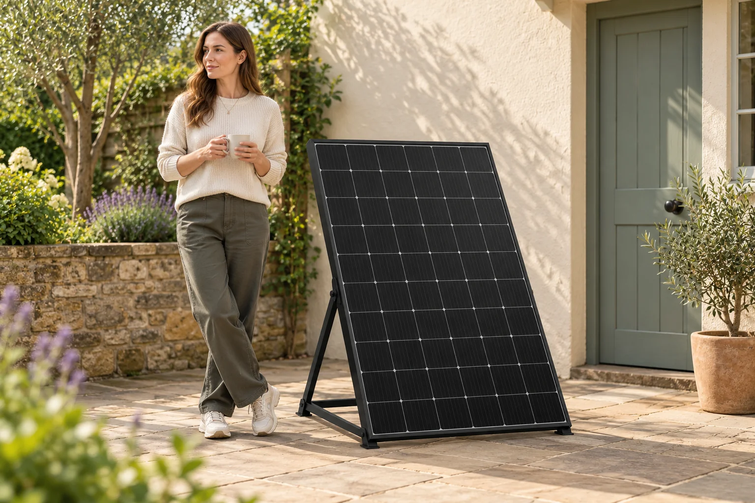 Illustration of a person beside a proposed DAYWIRE single-panel setup in a courtyard