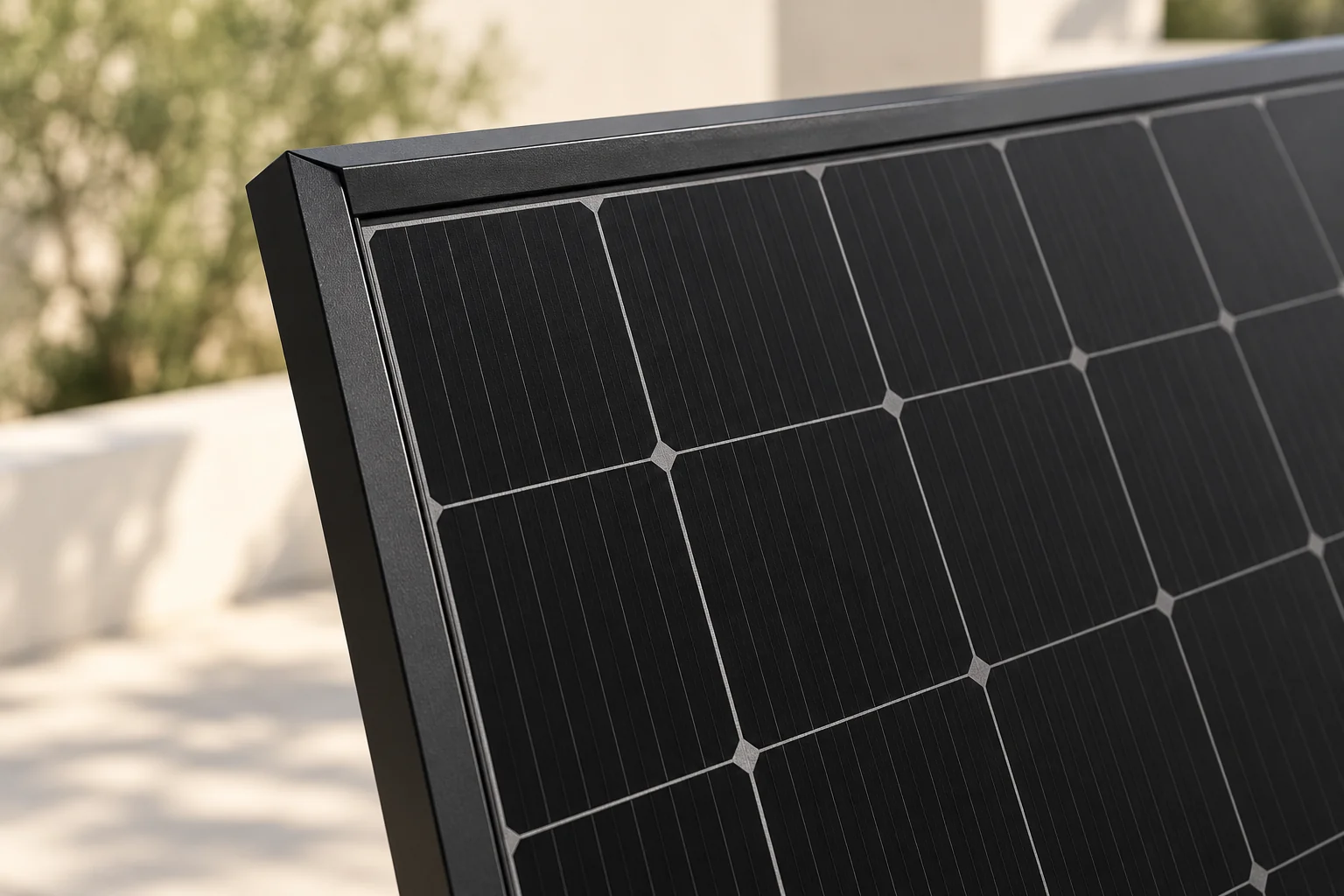 Illustrative close-up of a black panel frame and solar cells