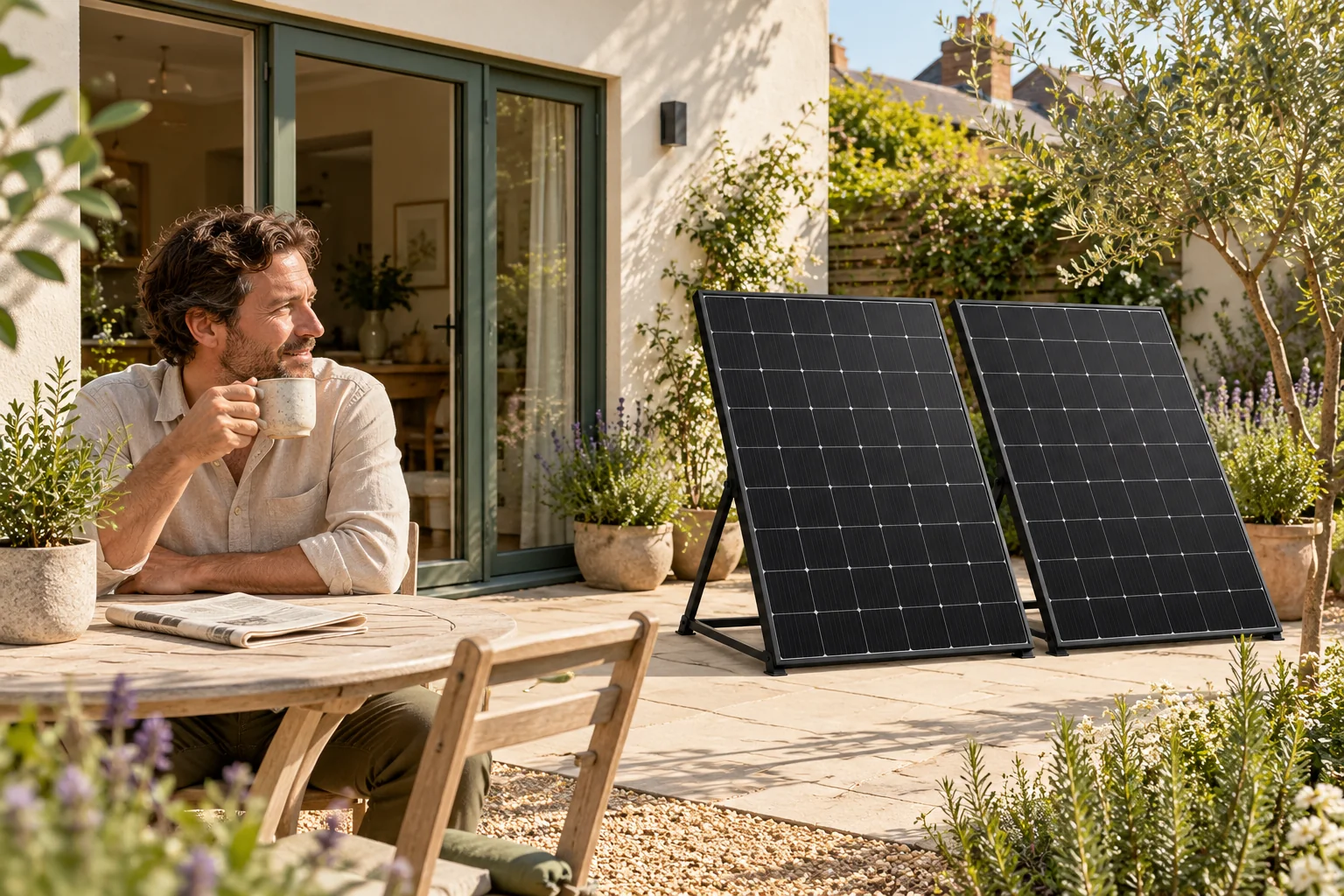 Illustrative patio scene with a person having coffee beside a proposed two-panel solar setup