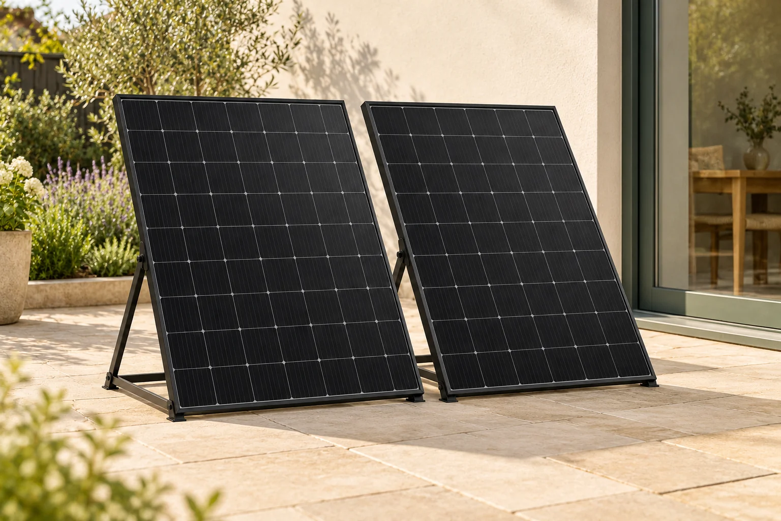 Illustration of two proposed DAYWIRE solar panels on a sunny patio