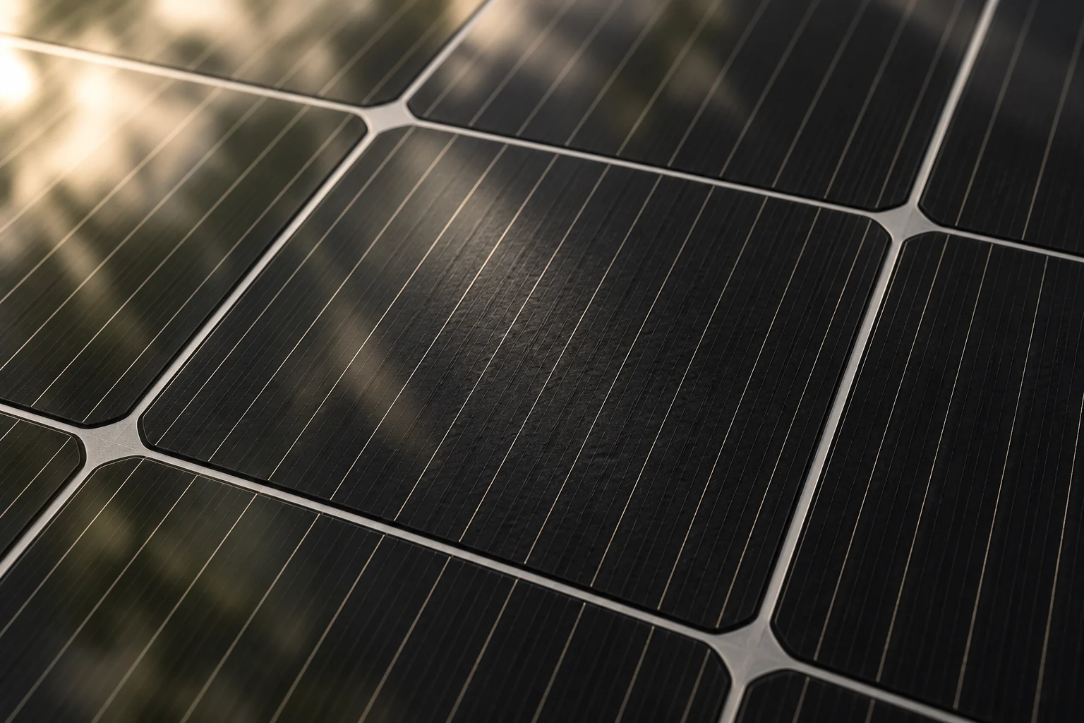 Illustrative macro view of solar cells beneath panel glass
