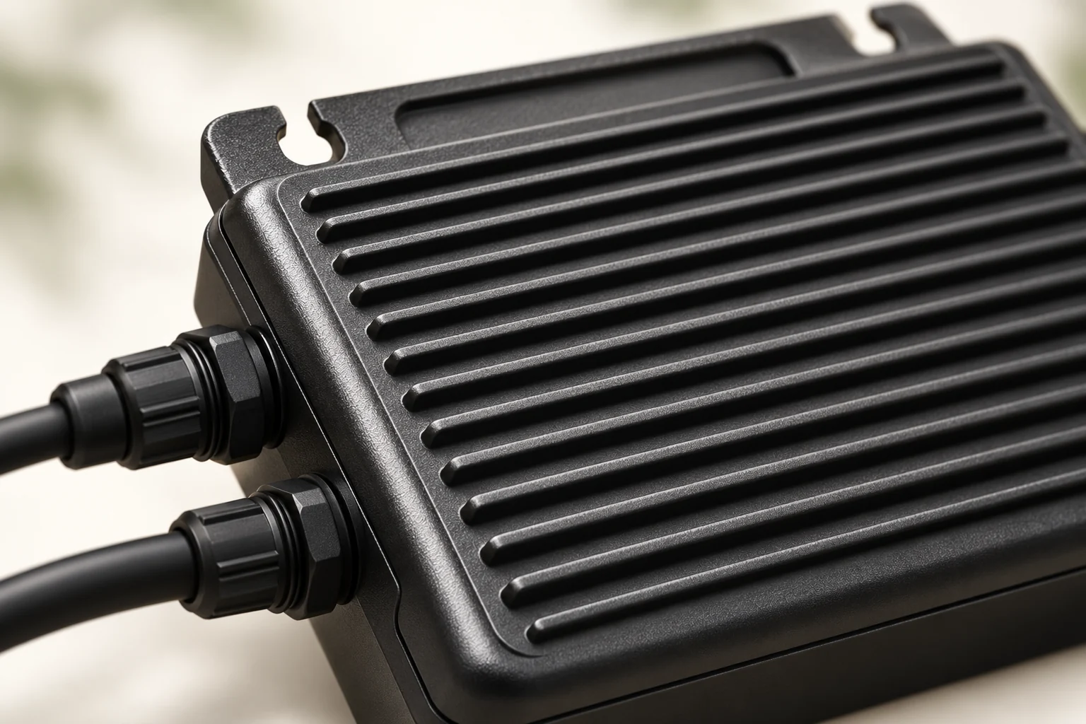 Illustrative detail of a microinverter’s finned metal housing